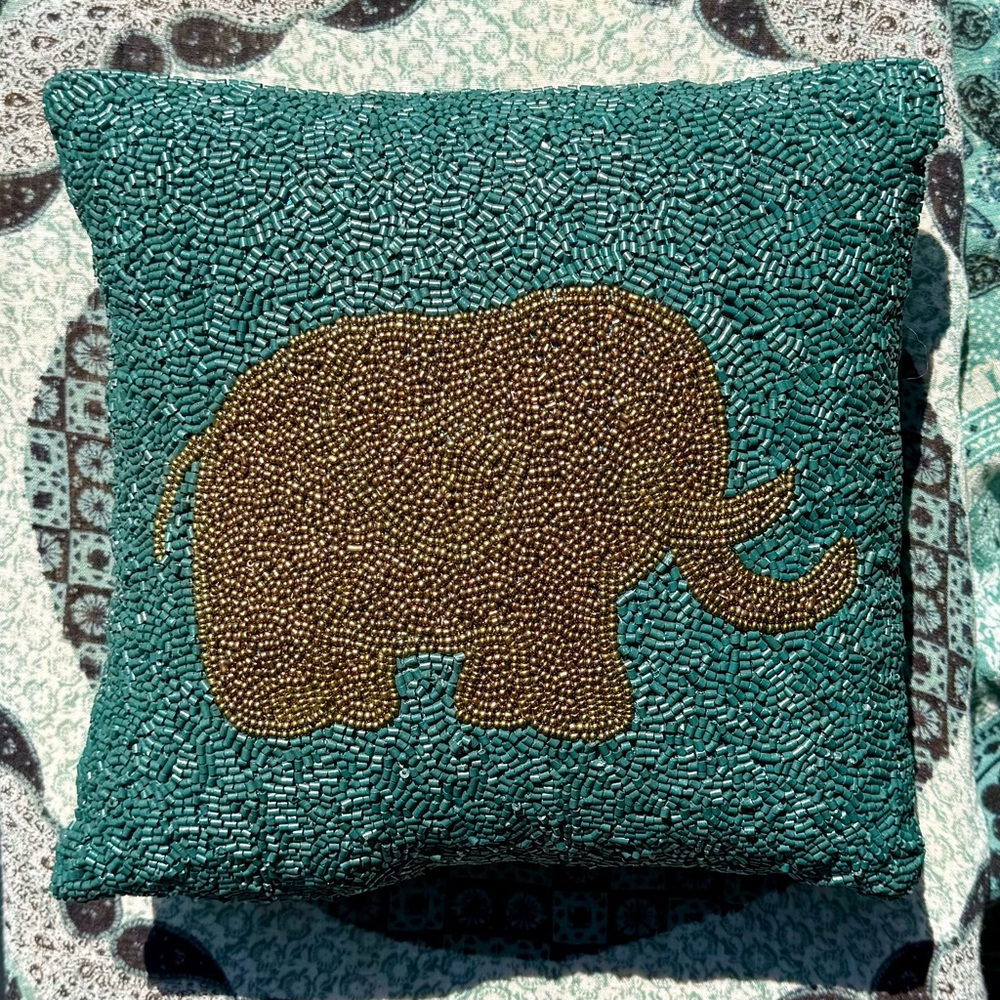 Beaded Elephant Throw Pillow. 11” X 11”